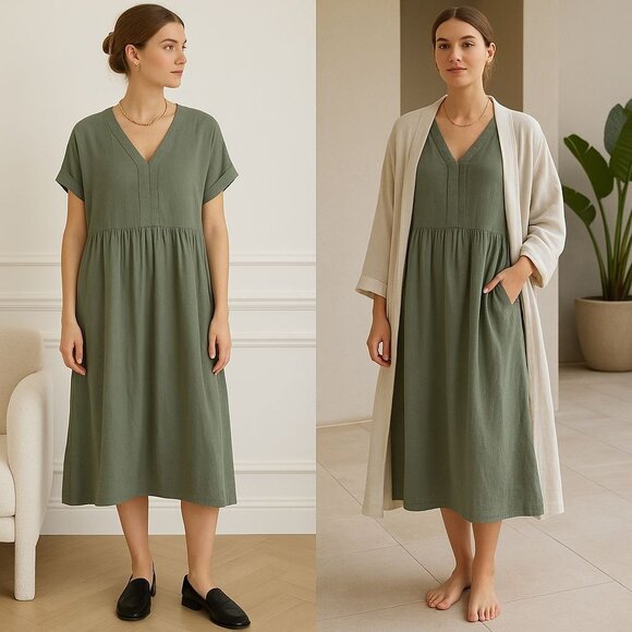 Briggs Sage Green Dress S Knee-Length V-Neck Soft Neutral Quiet Luxury Lounge - Picture 1 of 11